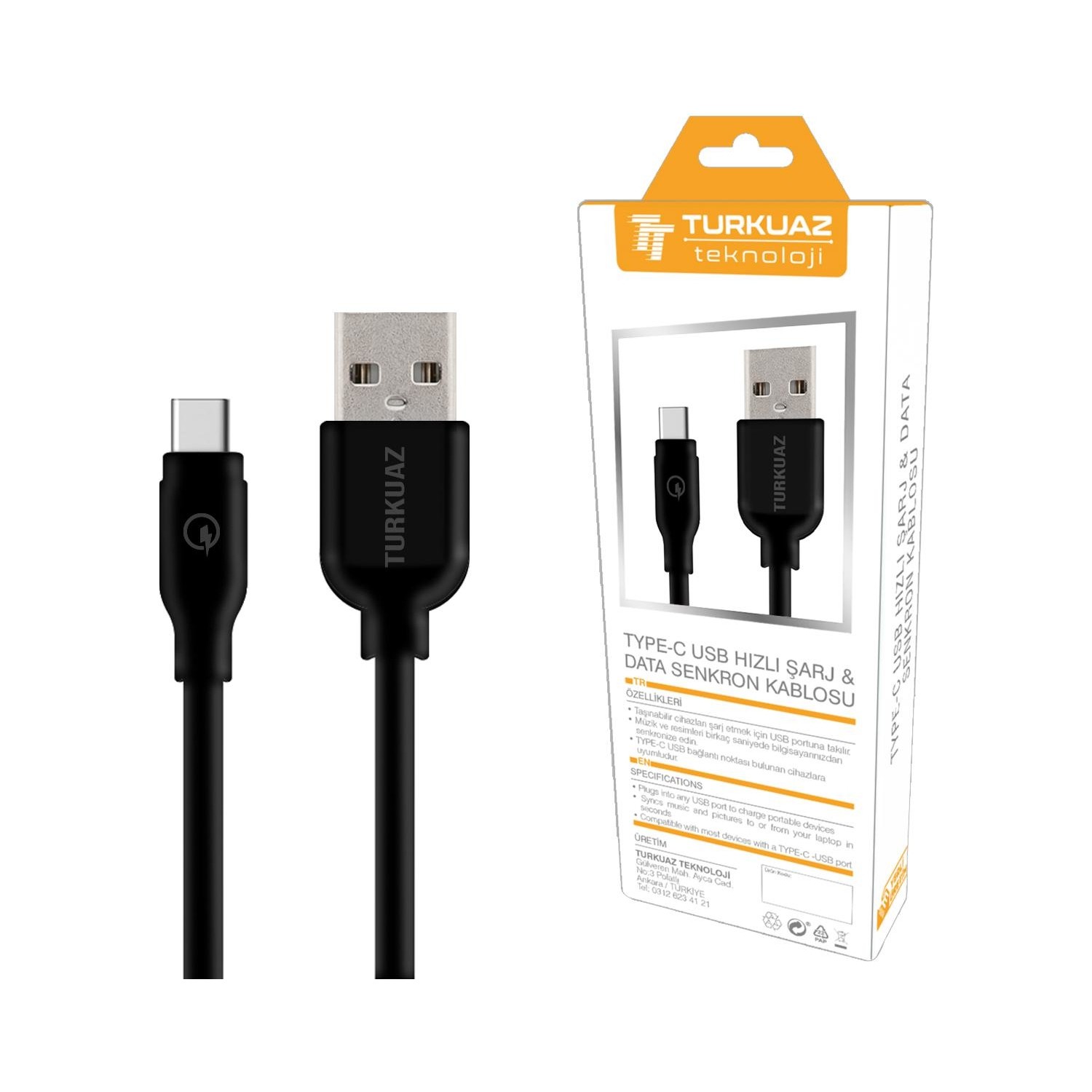 TURKUAZ TYPE-C USB KABLO HIZLI SARJ DATA SENKRON KABLOSU 125 CM 