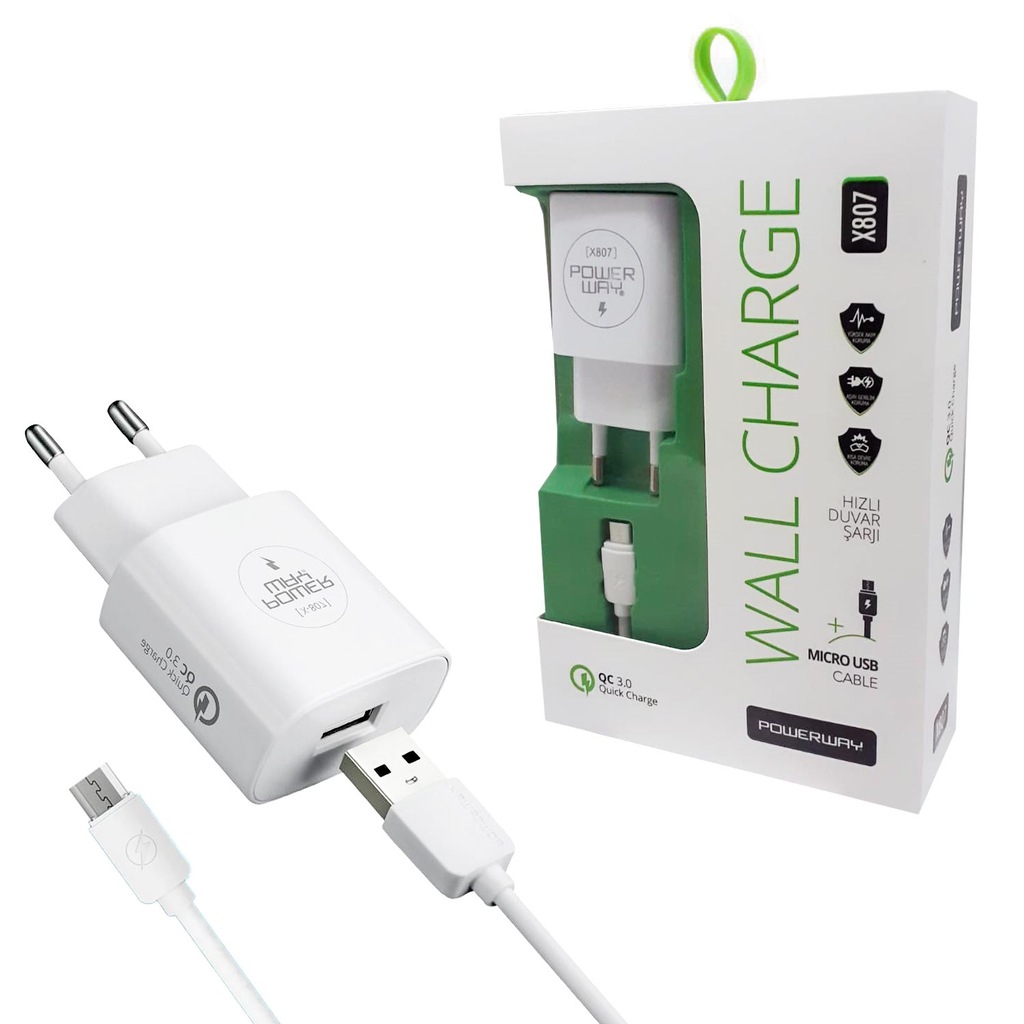 POWERWAY X807 HIZLI DUVAR SARJI+MİCRO USB KABLOSU