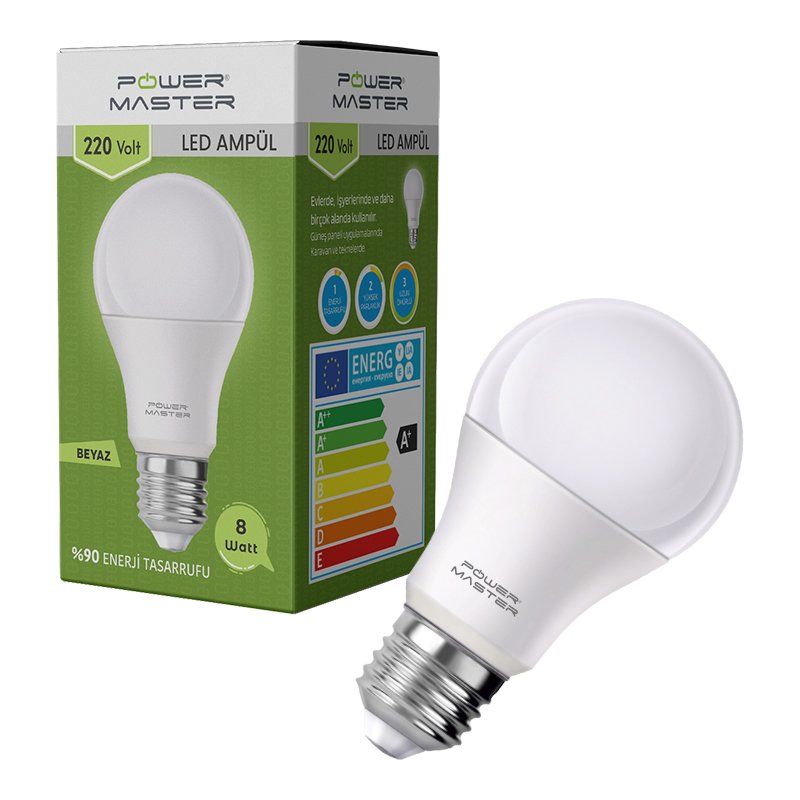 POWERMASTER PMLED-8 E27 850LMN 8 WATT 220 VOLT 6500K BEYAZ LED AMPUL