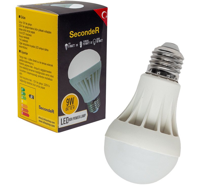 SECONDER E27 9 WATT 12 VOLT LED SOLAR BEYAZ RENKLİ YERLİ ÜRETİM AMPUL